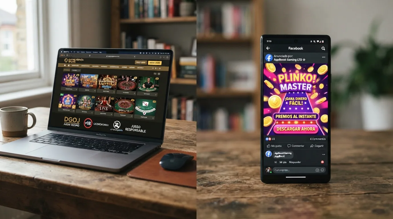Comparativa visual entre la interfaz de un casino con licencia DGOJ y una aplicación de Plinko no oficial promocionada en redes sociales