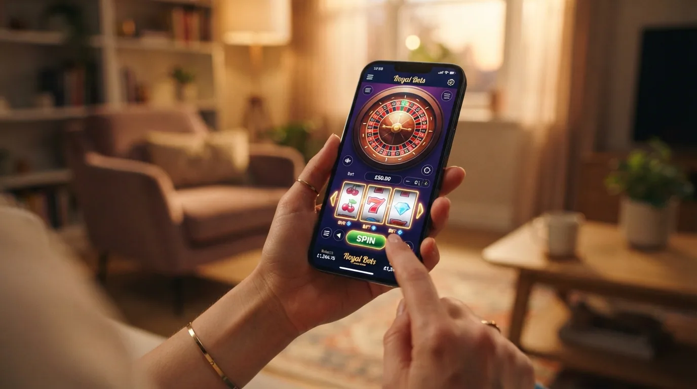 Teléfono móvil mostrando la interfaz de una app de casino online con dinero real en la pantalla de inicio