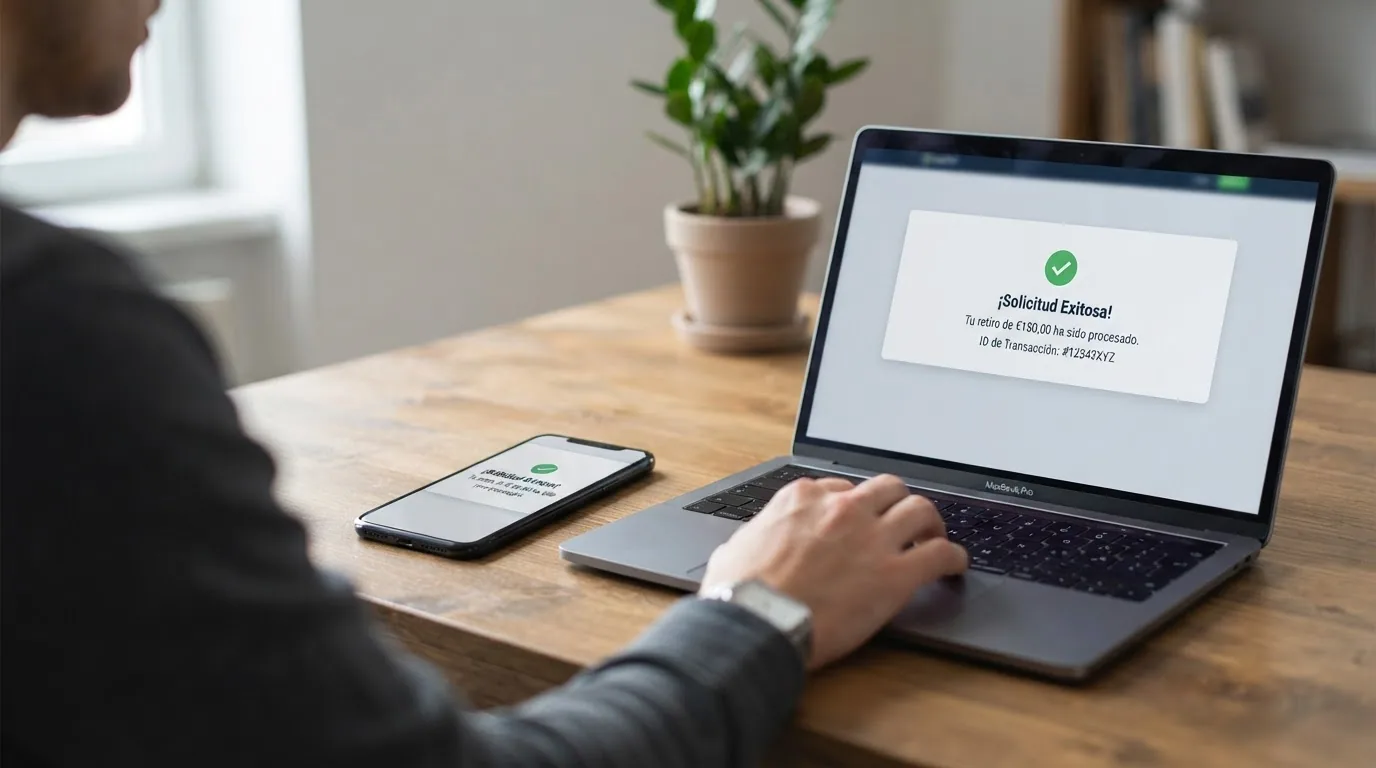 Un móvil y un portátil mostrando la misma pantalla de retirada completada con el mismo importe y método