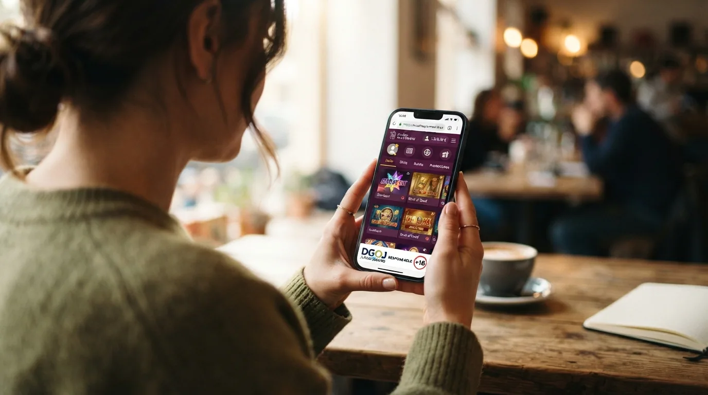 Teléfono móvil mostrando la interfaz de una app de casino con licencia DGOJ junto al icono de candado de seguridad en la barra de navegación del navegador