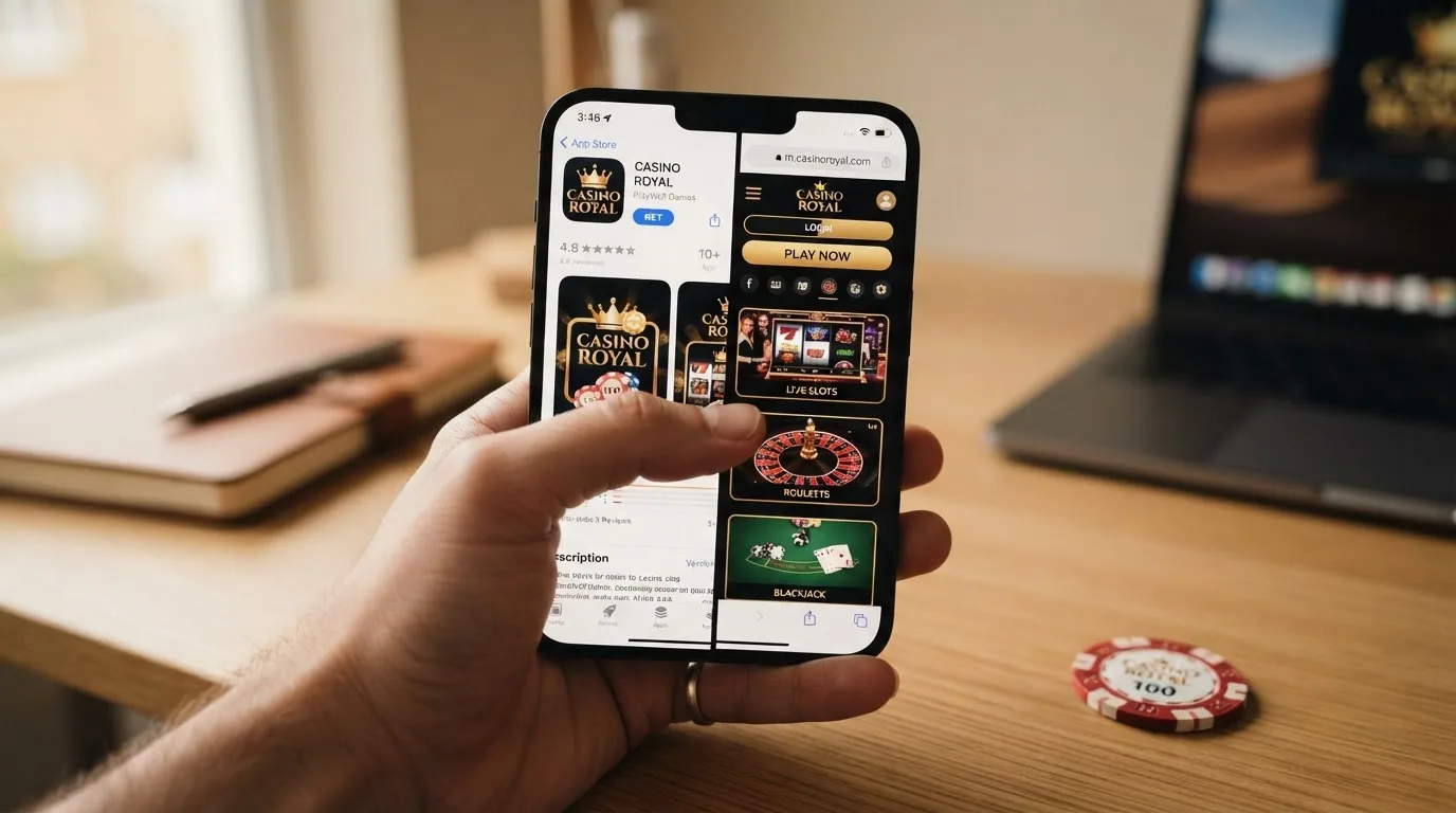 Pantalla dividida del iPhone: a la izquierda la App Store con una app de casino, a la derecha Safari con el mismo casino en versión web