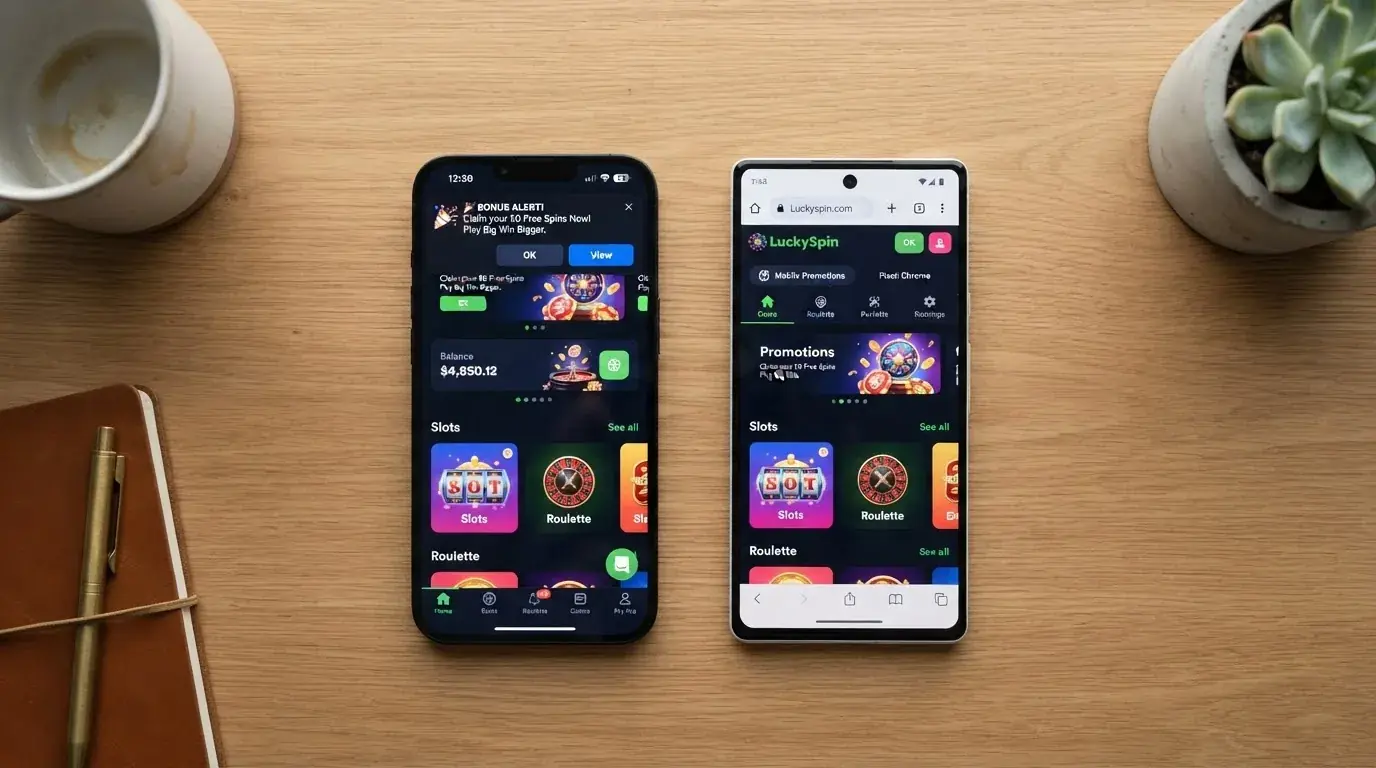 Dos teléfonos uno al lado del otro: el de la izquierda muestra una app de casino abierta con notificación push, el de la derecha muestra el mismo casino en el navegador Chrome