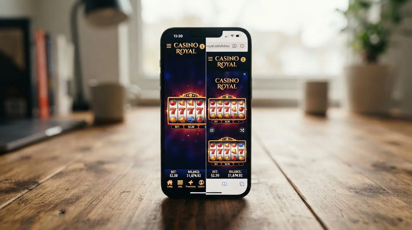 Pantalla partida mostrando una app de casino movil a la izquierda y el mismo casino en el navegador web a la derecha