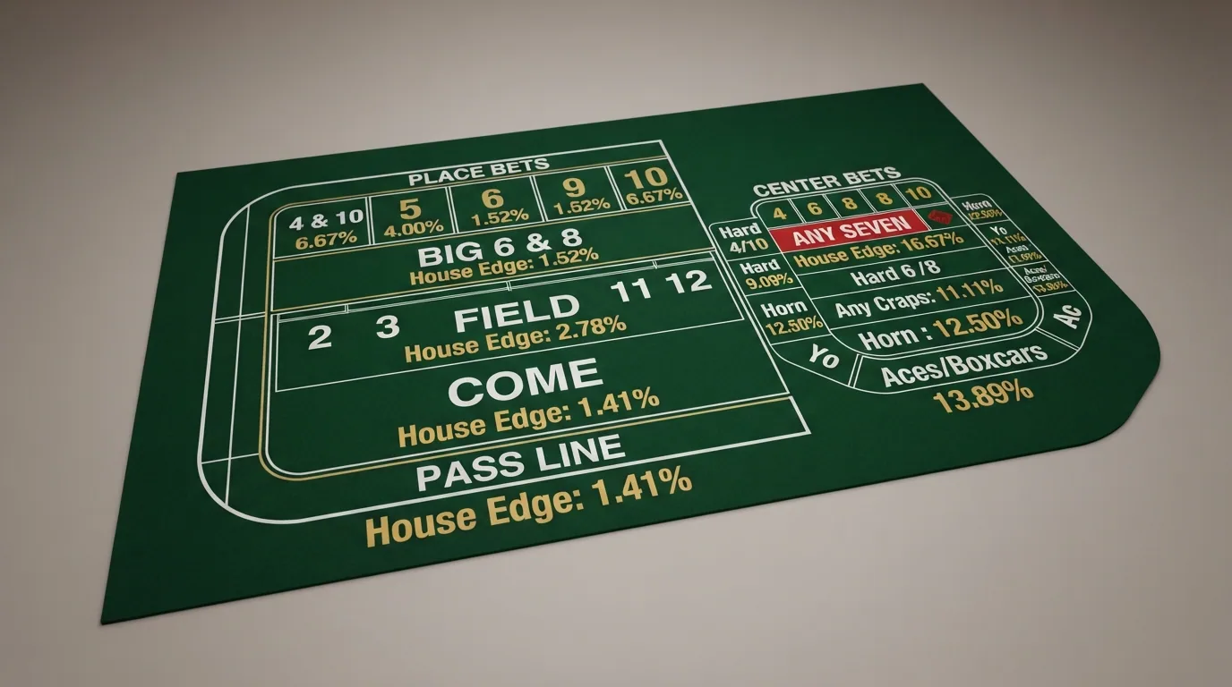 Infografía del tablero de craps con cada zona de apuesta etiquetada y su ventaja de la casa en porcentaje al lado
