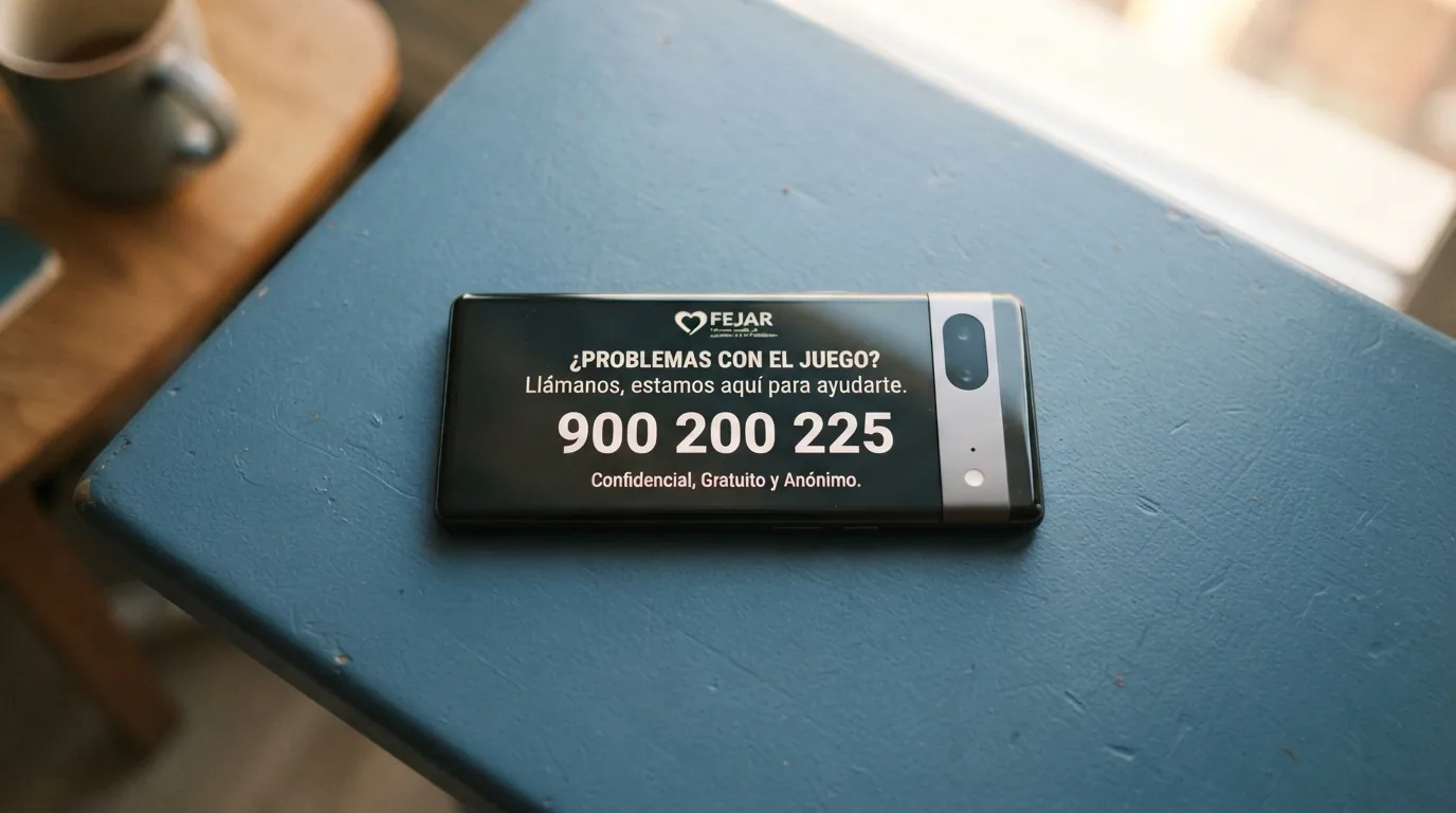 Un teléfono móvil con el número 900 200 225 en pantalla y el logotipo de FEJAR, sobre un fondo azul institucional con la palabra «confidencial» en letra pequeña