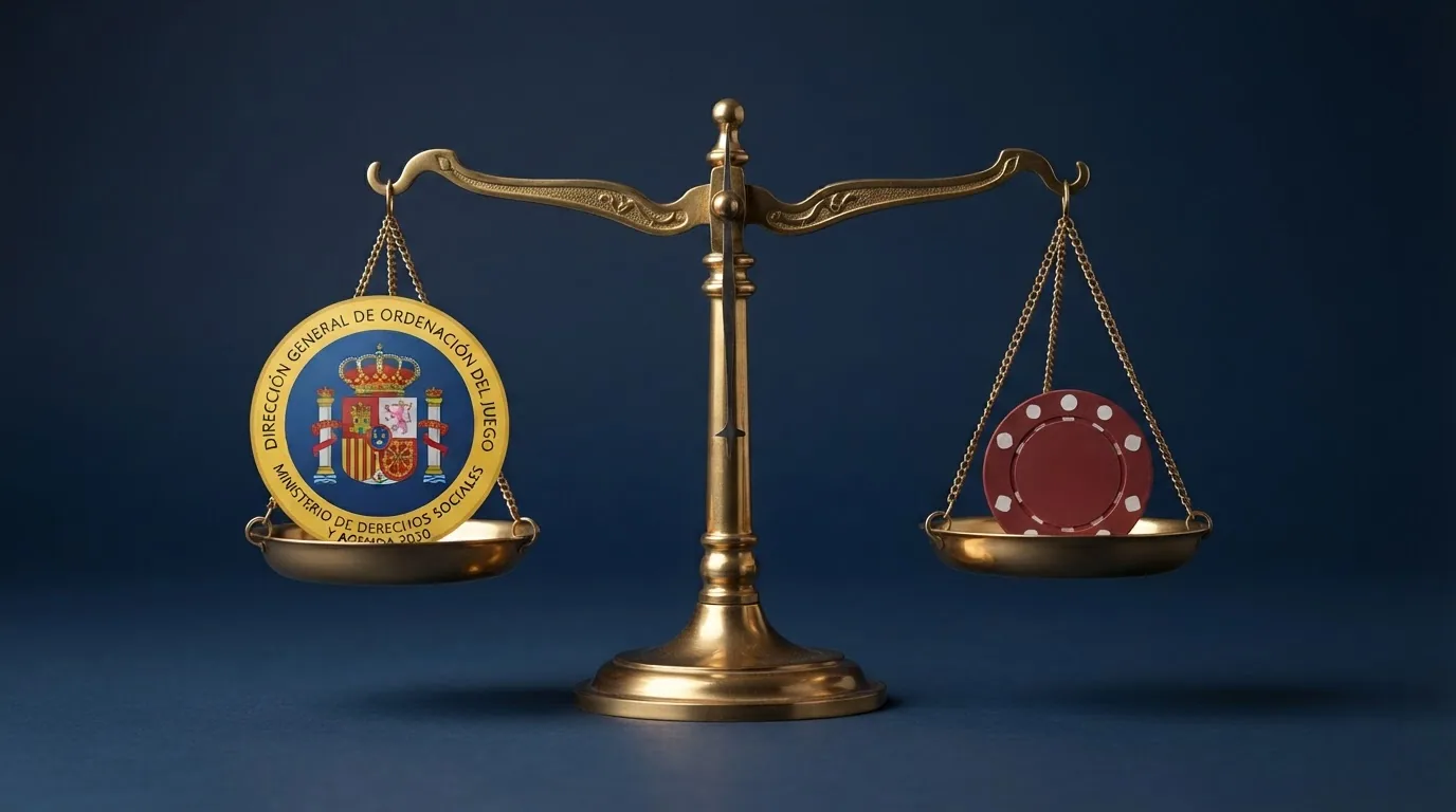 Balanza de dos platillos con el escudo de la DGOJ en un lado y una ficha de casino con el logo de Curaçao en el otro, inclinada hacia el lado DGOJ