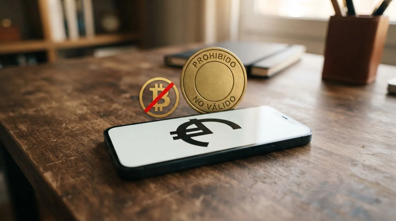 Un símbolo de Bitcoin tachado sobre el fondo del dominio .es y el sello DGOJ, ilustrando la incompatibilidad regulatoria