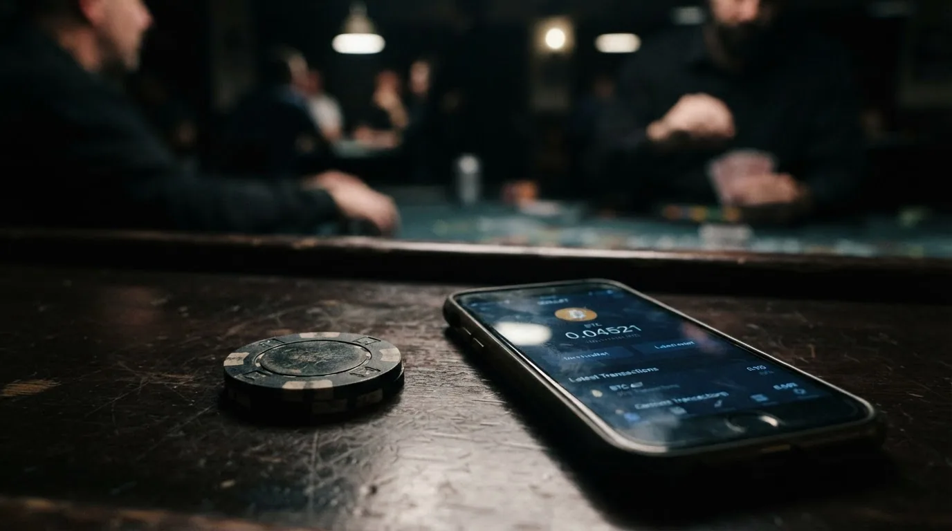 Un dado de casino junto a una cartera de criptomonedas tachada con un símbolo de prohibición
