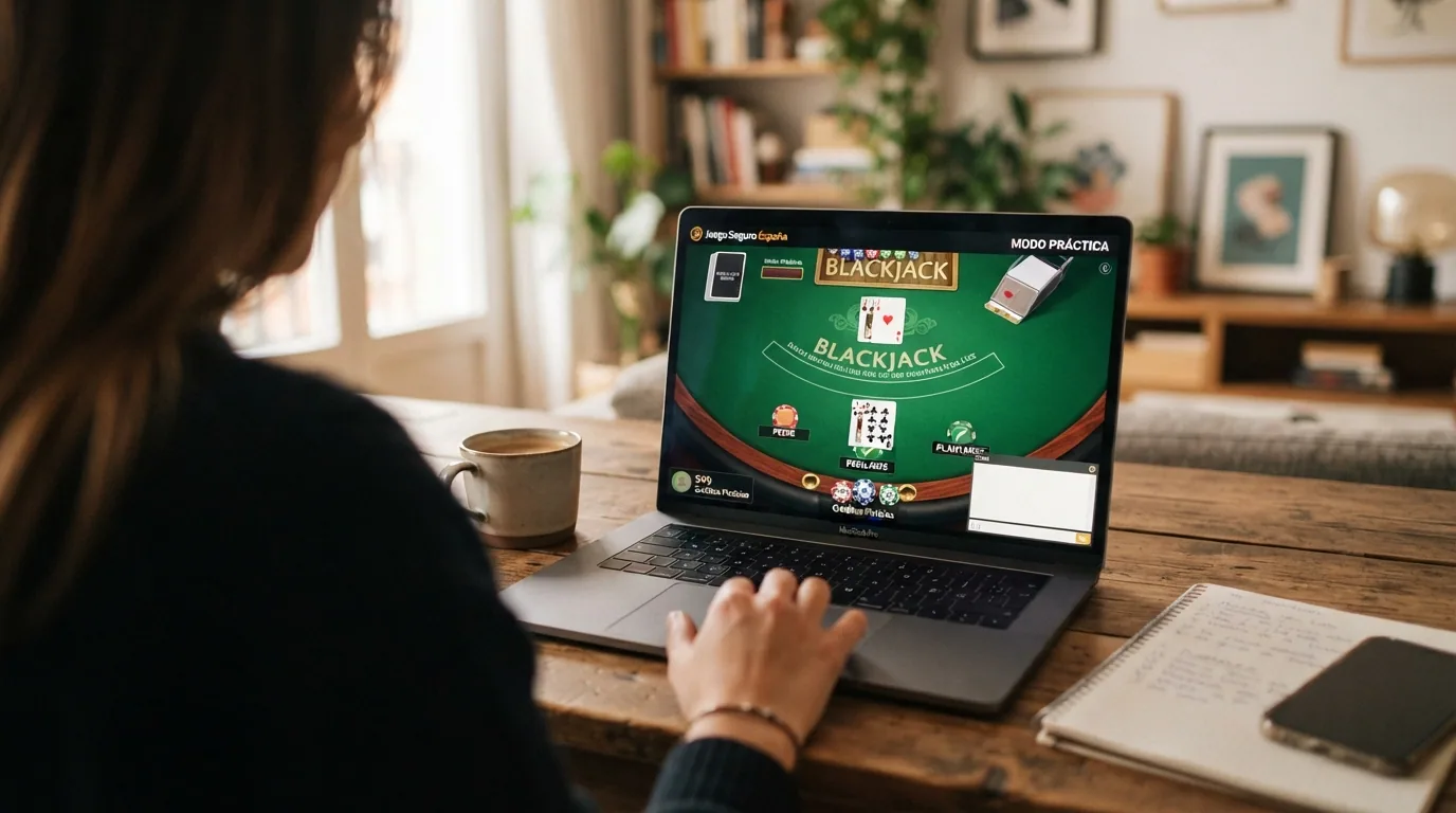 Interfaz de una mesa de blackjack en modo demo dentro de un casino .es, con el saldo ficticio visible, las cartas sobre la mesa y el indicador de 