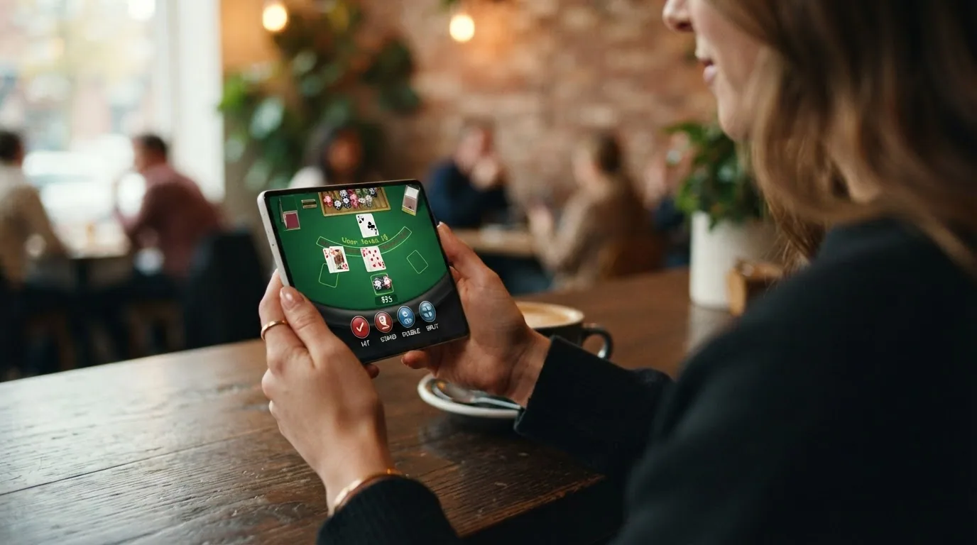 Un teléfono en orientación horizontal mostrando una mano de blackjack en la interfaz adaptada a móvil de un casino .es, con fichas, cartas y botones táctiles