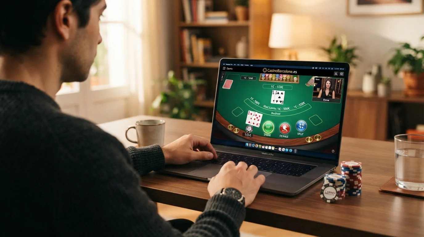 Mesa virtual de blackjack RNG en un casino con dominio .es, mostrando las fichas, las cartas sobre el tapete verde y los botones de acción (pedir, plantarse, doblar, separar)