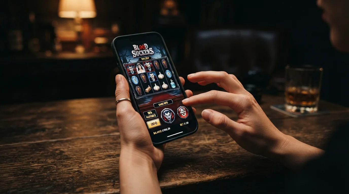 Pantalla del slot Blood Suckers con los símbolos de vampiros y el indicador de RTP 98 % visible en la ficha del juego