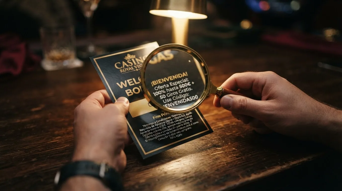 Tarjeta de bienvenida de un casino online con el texto del bono en primer plano y una lupa sobre la letra pequeña