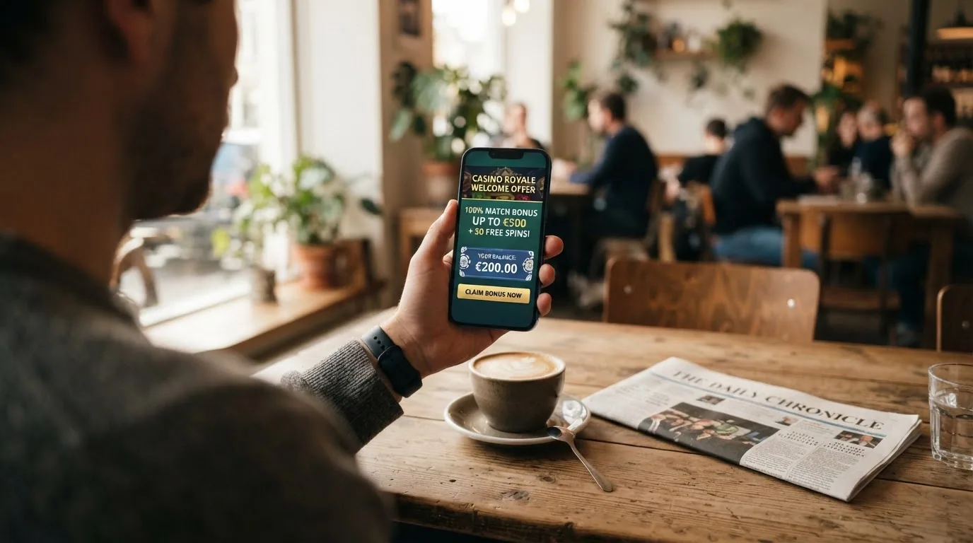 Pantalla de activación de un bono de bienvenida en una app de casino con el importe y las condiciones visibles en pantalla