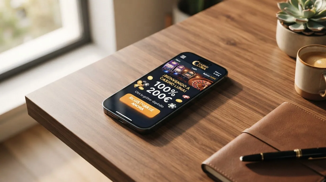 Pantalla de bienvenida de una app de casino con la oferta «100% hasta 200€» y el botón de registro