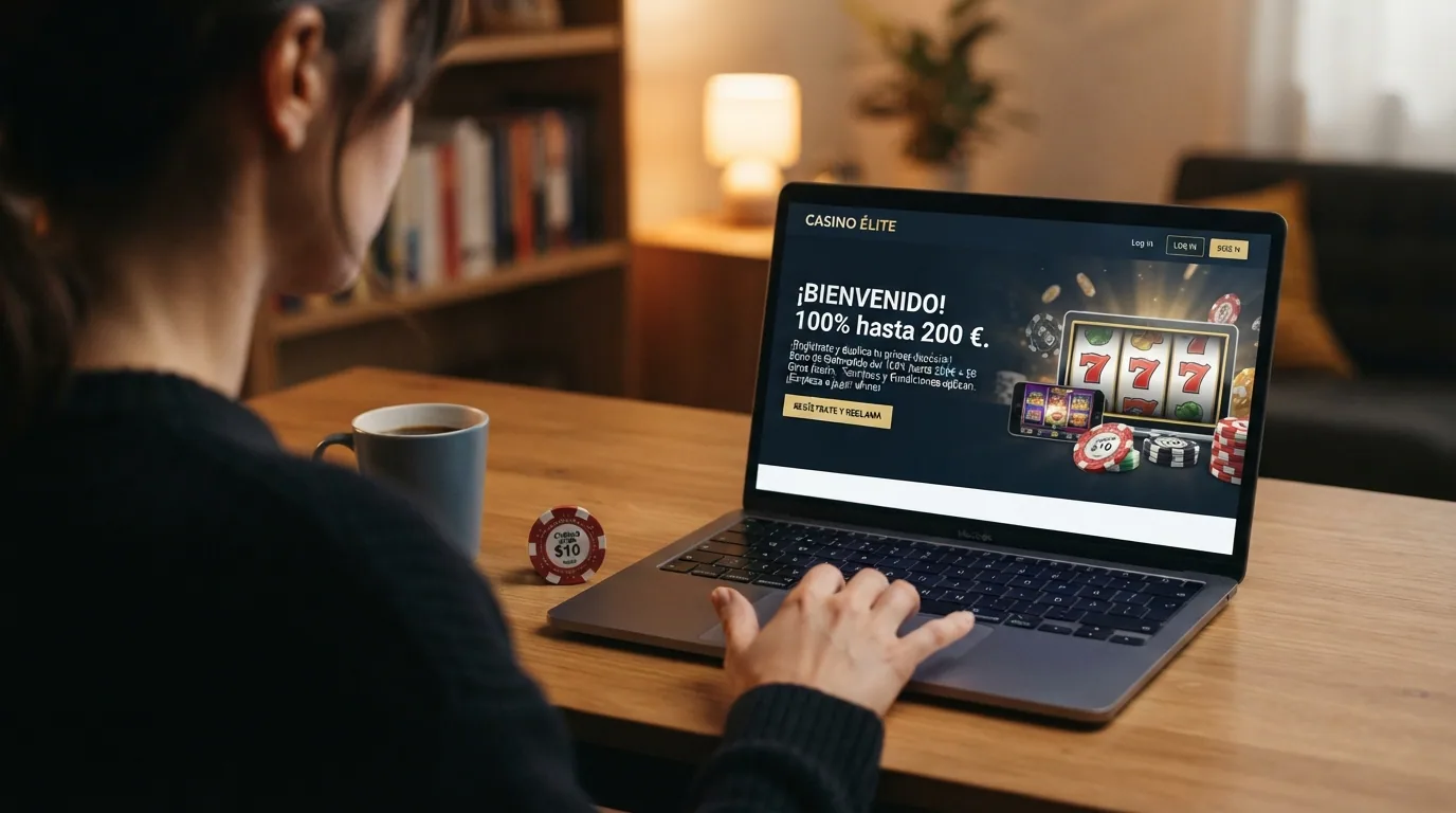 Pantalla de bienvenida de un casino online con una oferta de bono del 100% hasta 200 € y condiciones visibles