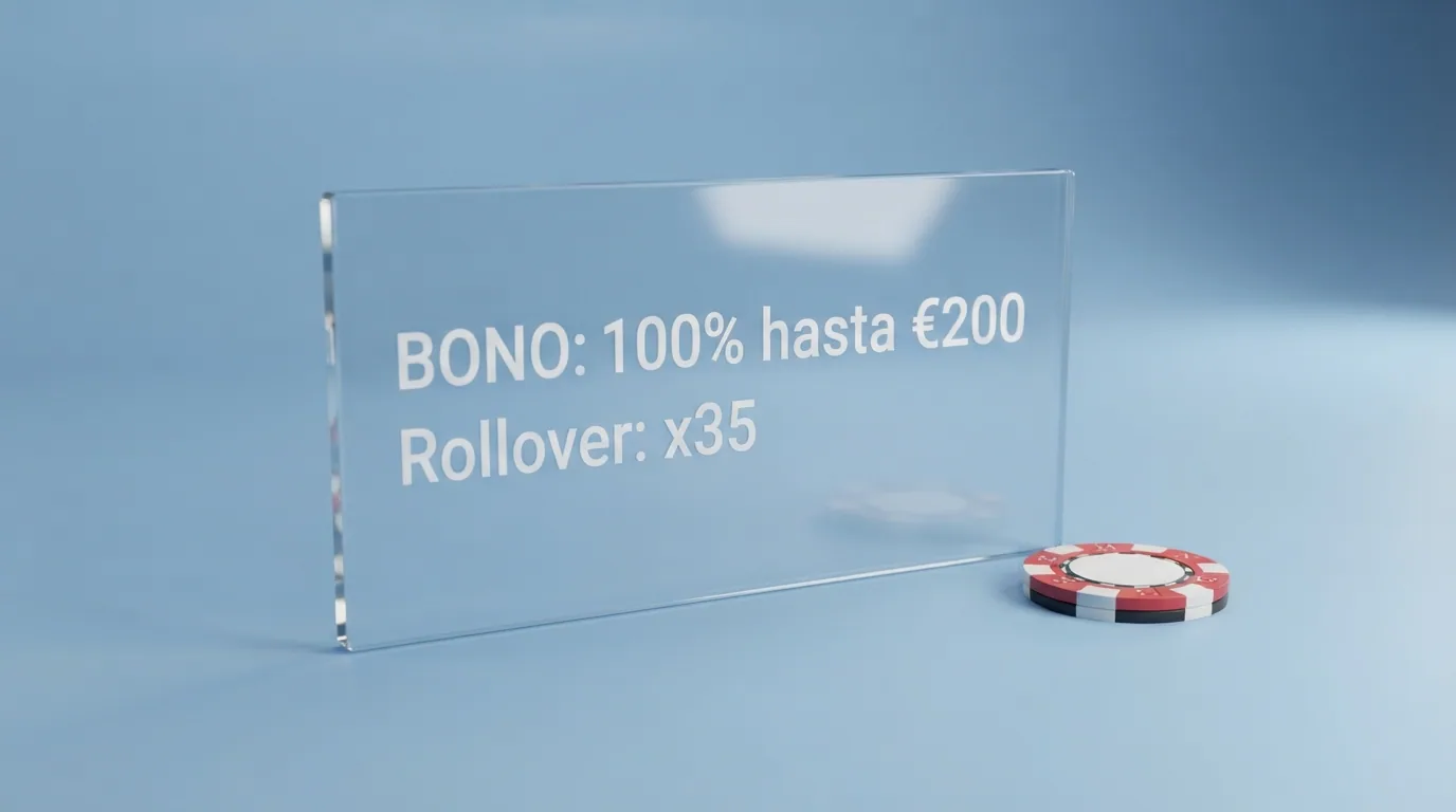Pantalla de promoción de bienvenida de un casino online con el importe del bono y un desglose de condiciones