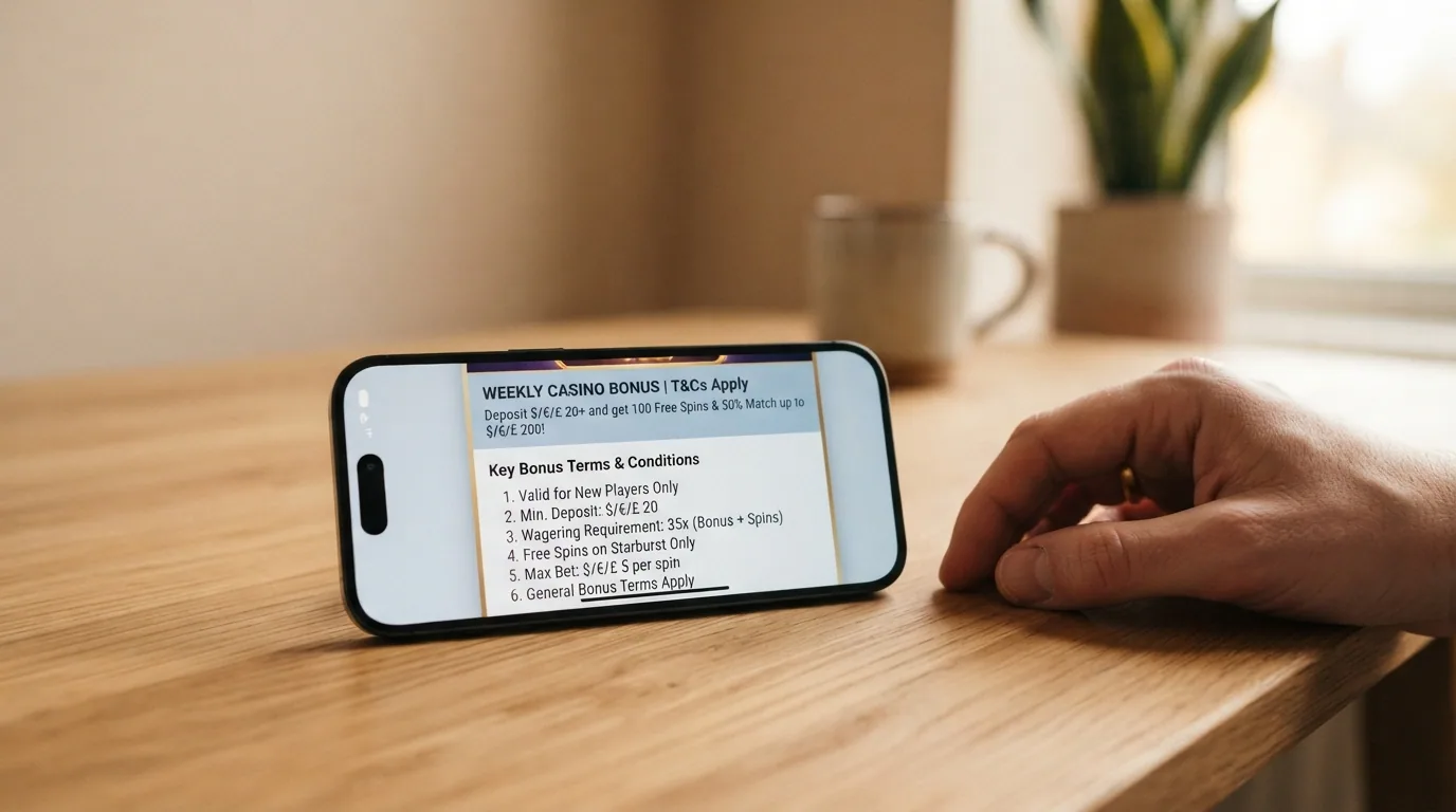 Pantalla de iPhone con la sección de promociones de un casino y los términos del bono desplegados