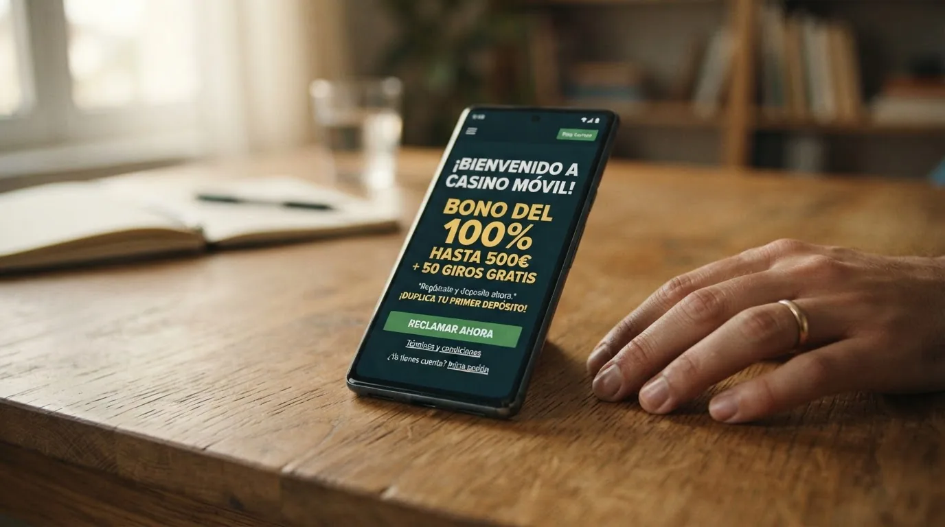 Pantalla promocional de un casino online español con el importe del bono de bienvenida en grande y la letra pequeña de los términos debajo