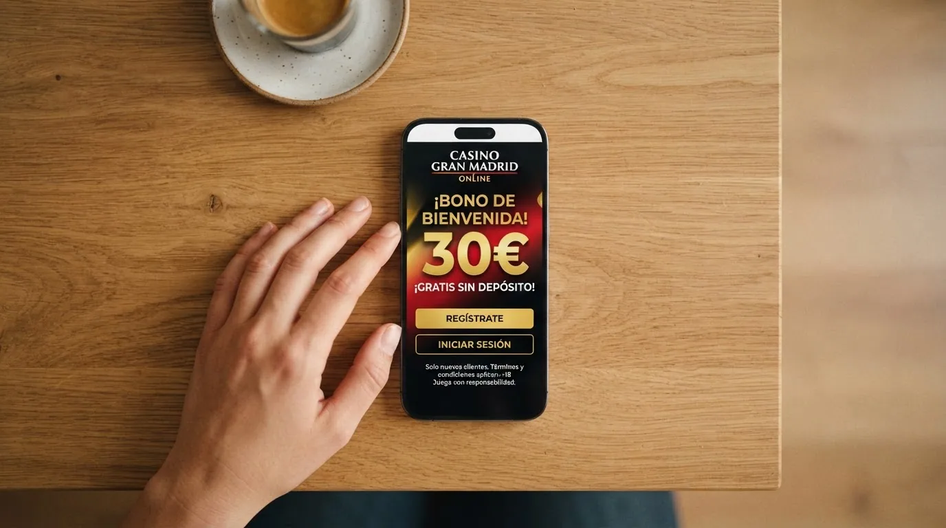 Pantalla de promoción del bono sin depósito de Casino Gran Madrid con los términos del rollover y las ganancias máximas destacados