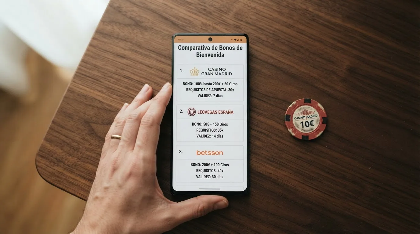 Comparativa visual de tres ofertas de bono de bienvenida con sus importes, requisitos de apuesta y plazos, donde la oferta de mayor importe muestra la letra pequeña más exigente