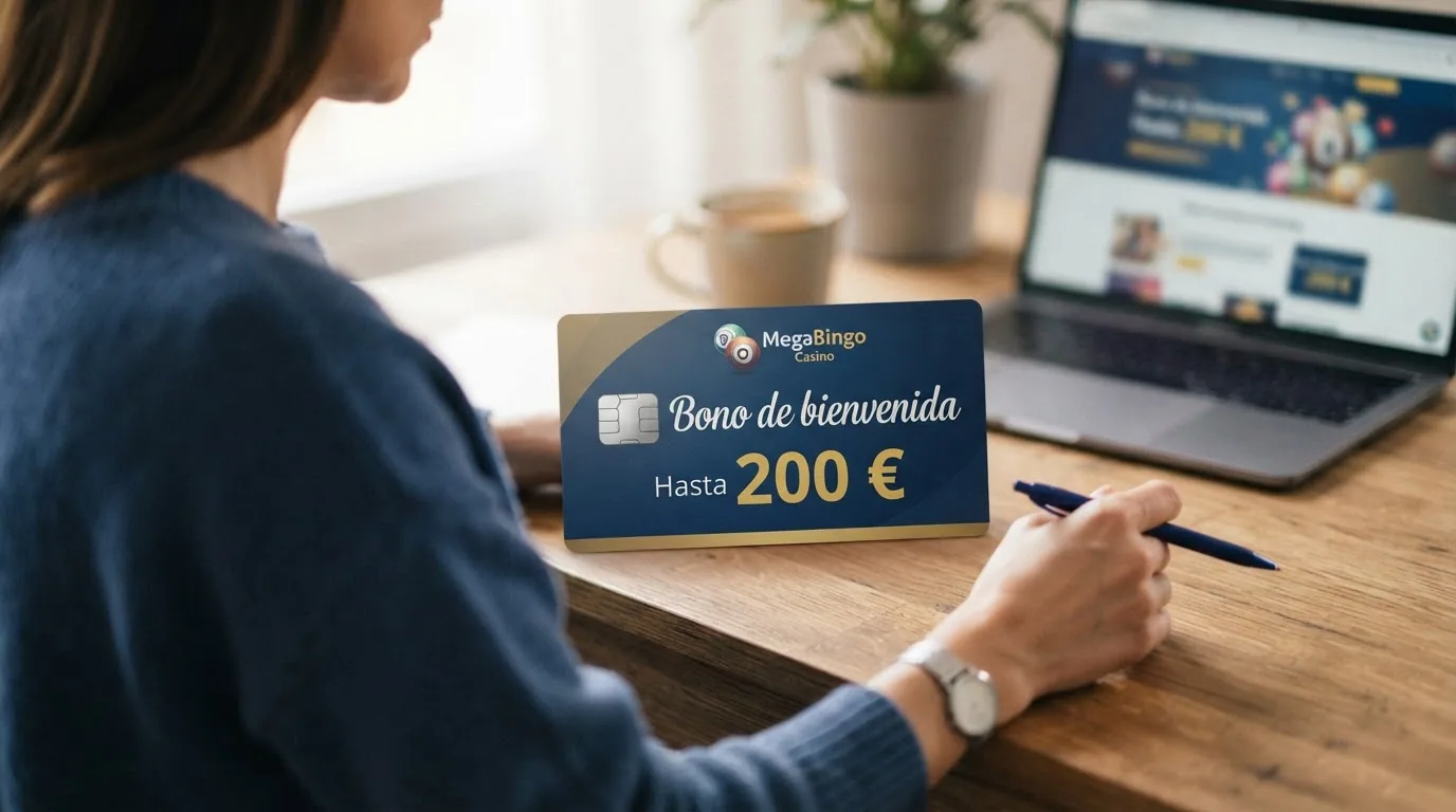 Tarjeta de bono de bienvenida de un casino de bingo online con el importe destacado y la letra pequeña del rollover subrayada