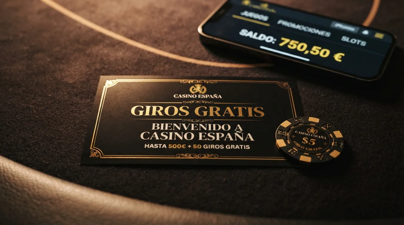 Tarjeta promocional de bienvenida con la oferta de giros gratis y bono de depósito destacada sobre el fondo de un casino online español