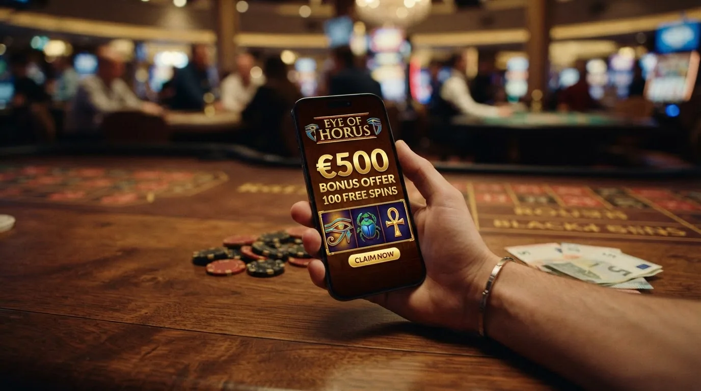 Representación gráfica de una oferta de giros gratis para tragaperras con fichas de casino y el símbolo del Ojo de Horus