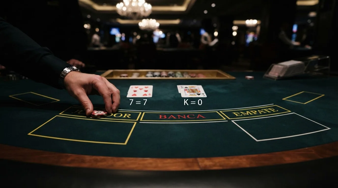 Ilustración de las tres zonas de apuesta del baccarat (Jugador, Banca, Empate) con los valores de las cartas visibles sobre el tapete
