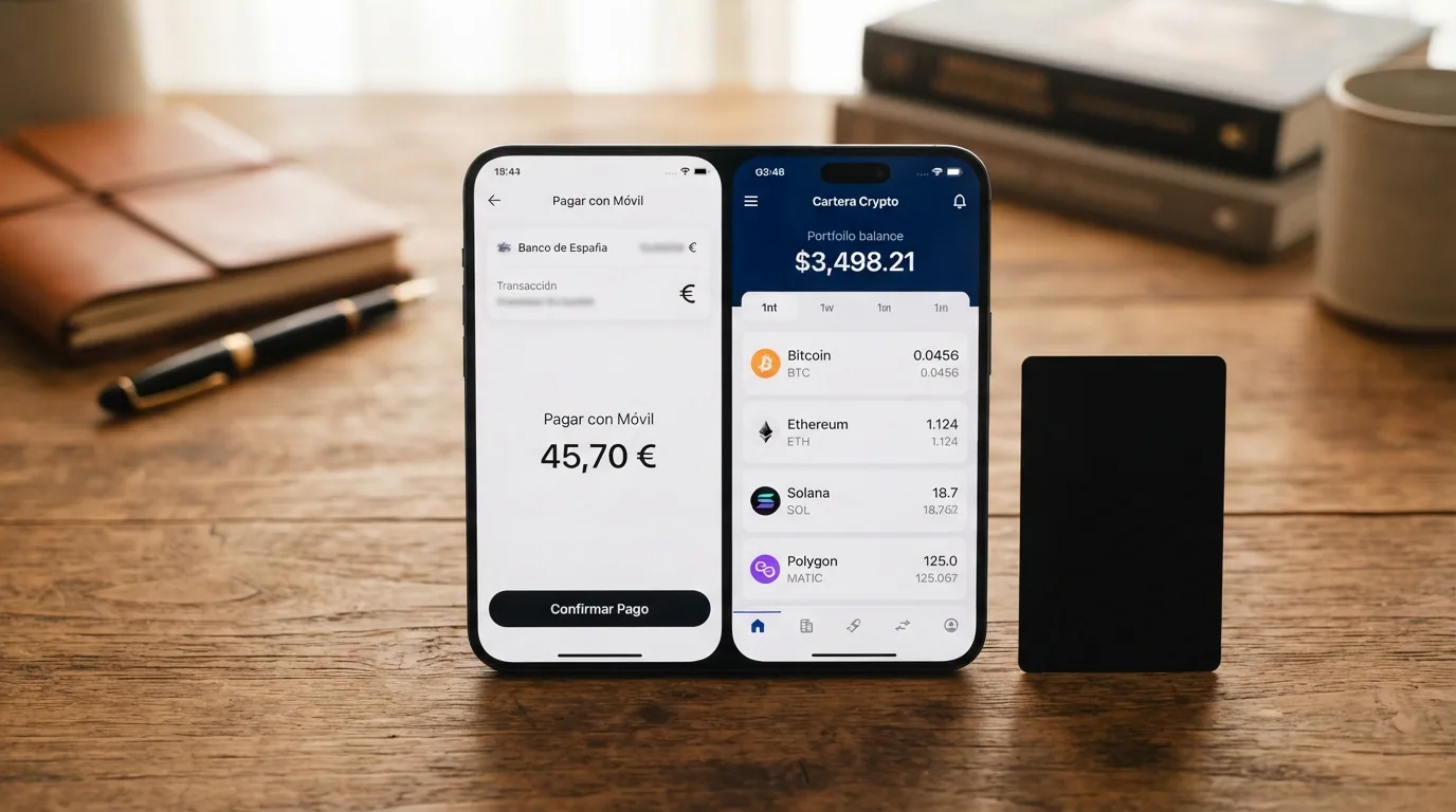 Smartphone dividido en dos pantallas: a la izquierda, la interfaz de Bizum junto a una tarjeta bancaria y el logo de PayPal; a la derecha, una wallet de criptomonedas con los símbolos de Bitcoin, Ethereum y USDT