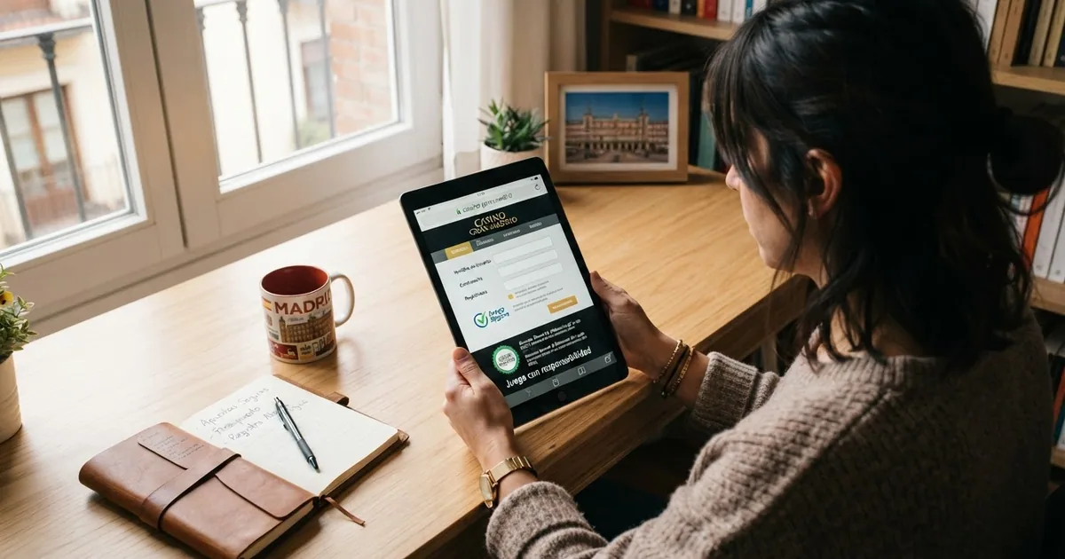 Un jugador consultando en una tablet la página de registro de un casino online con el candado de seguridad visible en la barra del navegador y el logo de Juego Seguro en pantalla