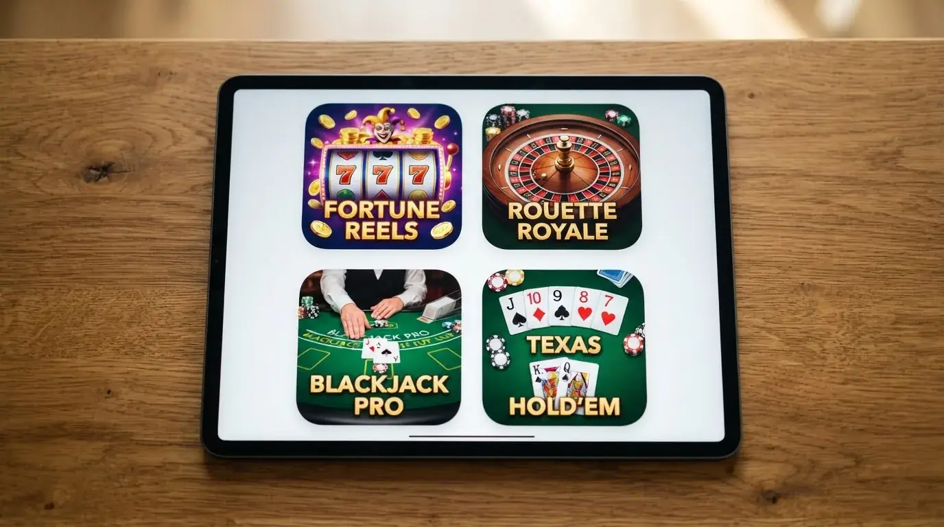 Una cuadrícula de miniaturas con cuatro tipos de juegos de casino: una tragaperras colorida, una ruleta, una mesa de blackjack y una mano de póker, todas con el botón «jugar gratis» visible