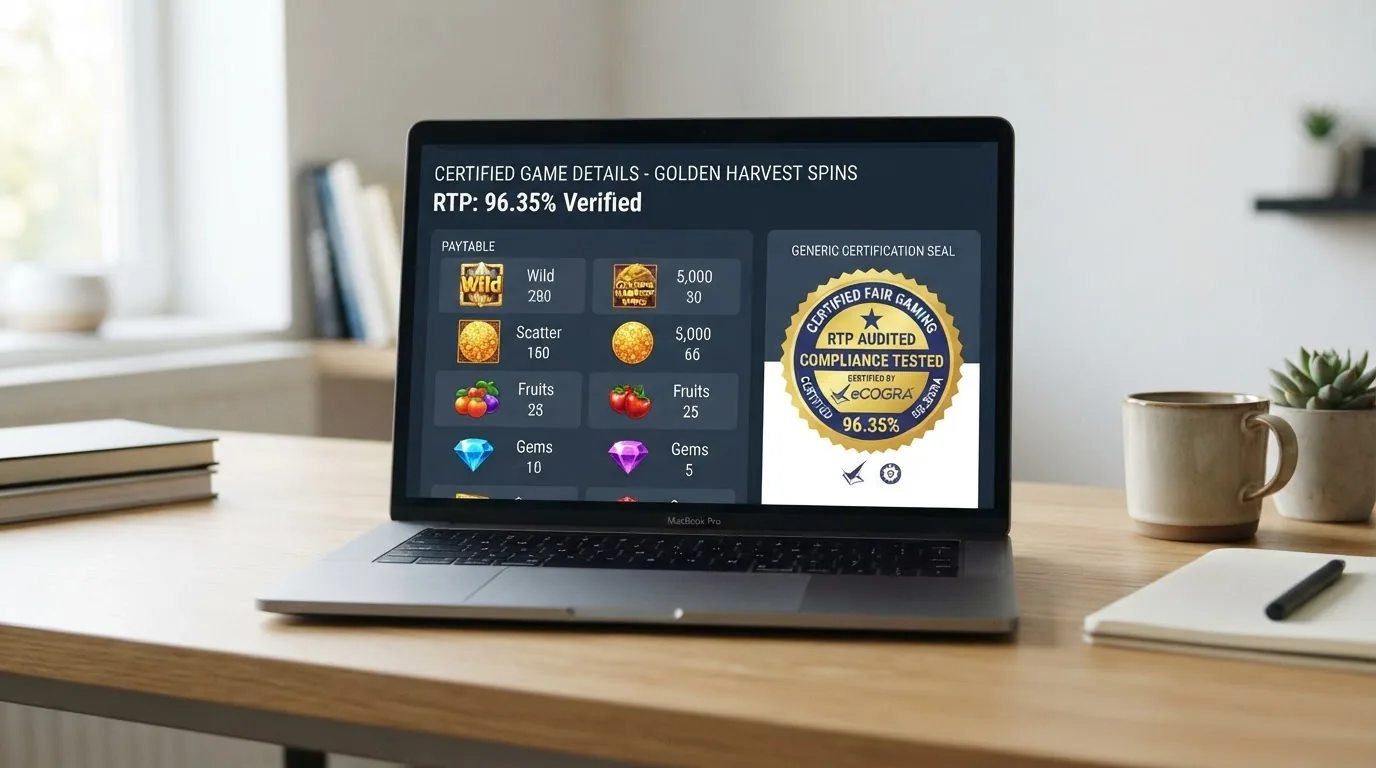 Pantalla de un juego de tragaperras online con el logotipo de certificación eCOGRA visible en la esquina inferior y el porcentaje de RTP mostrado en la tabla de pagos del juego