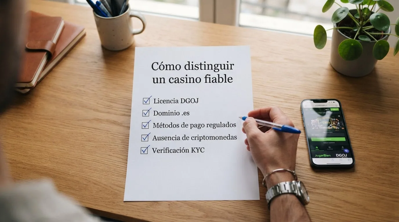 Una lista de verificación con varios criterios marcados —licencia DGOJ, dominio .es, métodos de pago regulados y ausencia de criptomonedas— como guía visual antes de registrarse