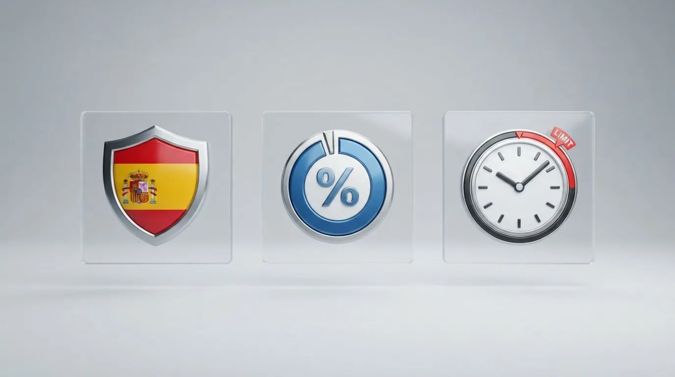 Tres iconos en secuencia — un escudo con la bandera de España, un gráfico de porcentaje y un reloj con un límite — representando los tres pasos de verificación antes de jugar