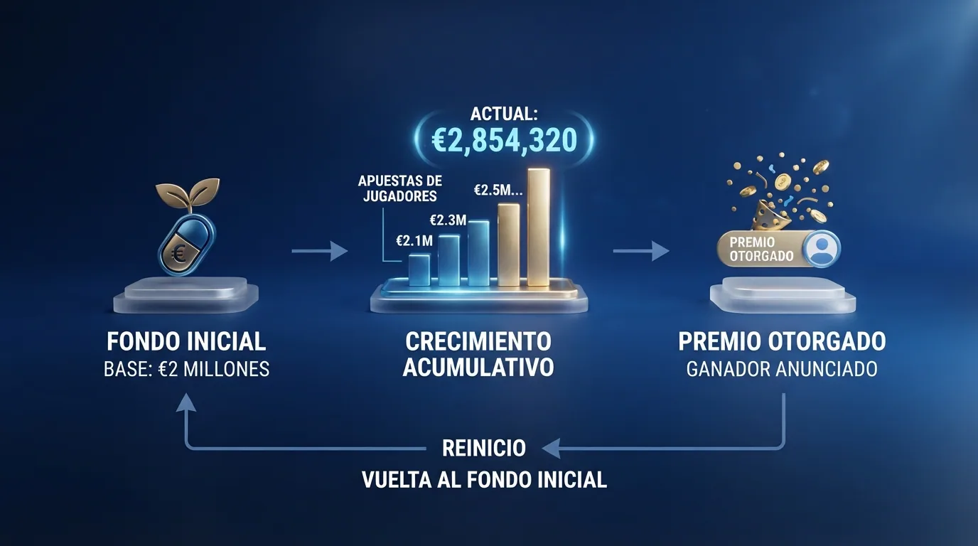 Infografía simplificada con tres fases: una semilla con valor base, una barra que crece con aportaciones sucesivas y un reinicio tras el premio