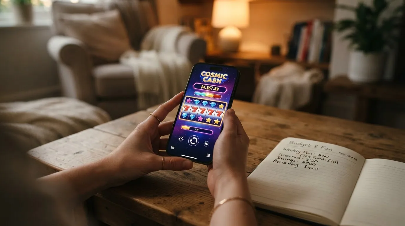 Un primer plano de unas manos sosteniendo un móvil con una slot de jackpot en pausa, en un entorno doméstico tranquilo, con una libreta de presupuesto visible al lado