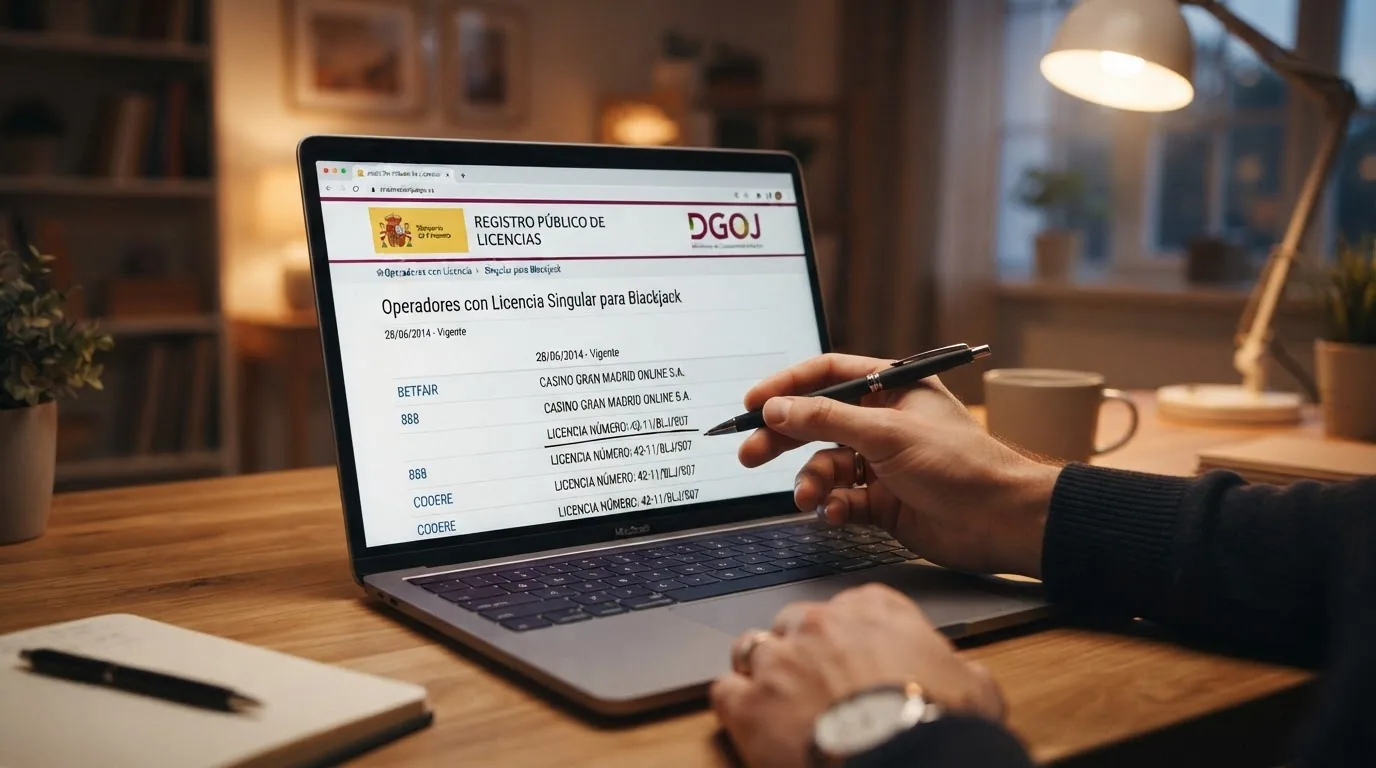 Captura de pantalla del registro público de licencias de la DGOJ (ordenacionjuego.es) con el listado de operadores que poseen licencia singular de Black Jack vigente