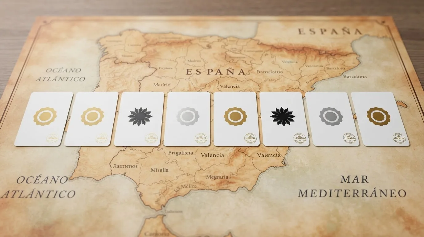 Diez tarjetas con los logotipos de los casinos seleccionados ordenados sobre un mapa de España con el sello DGOJ visible en cada una