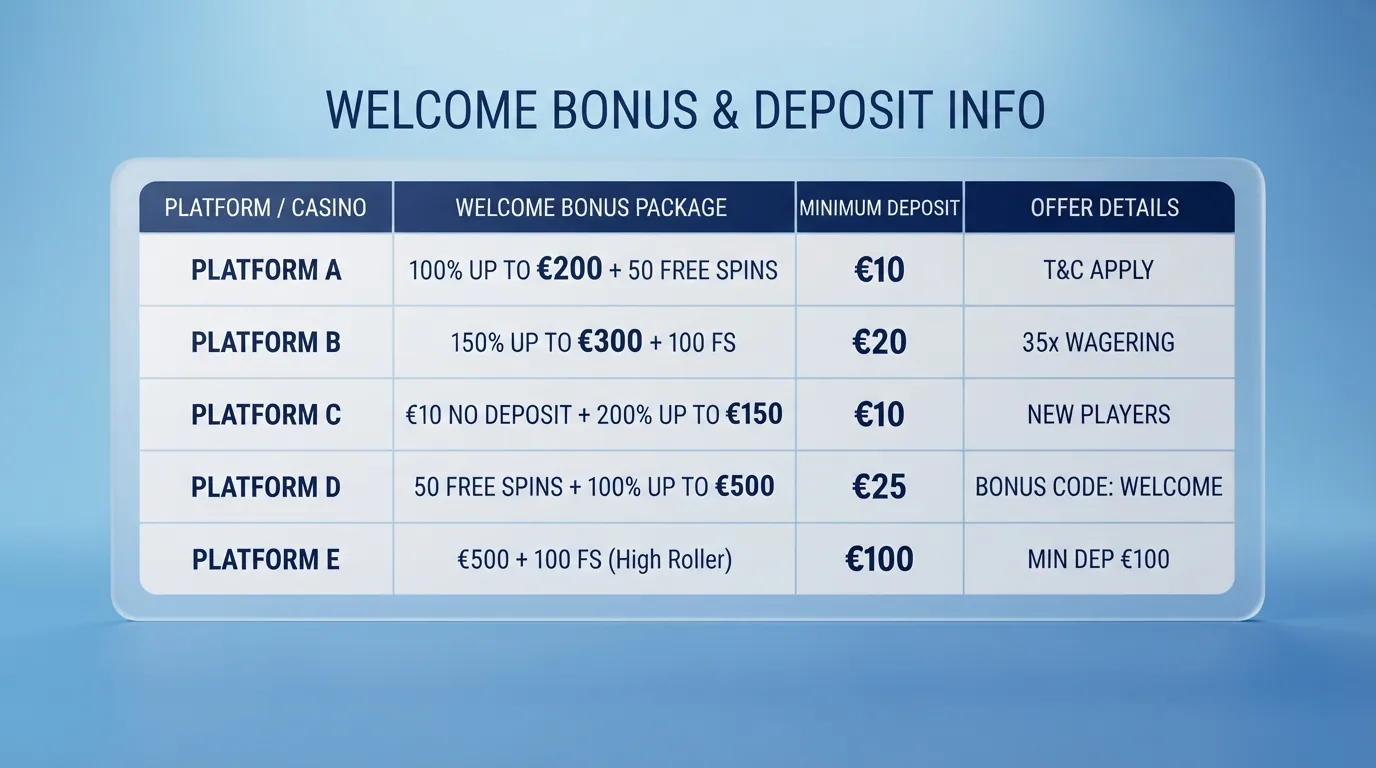 Tabla comparativa con el nombre, bono de bienvenida y depósito mínimo de diez casinos online con licencia DGOJ