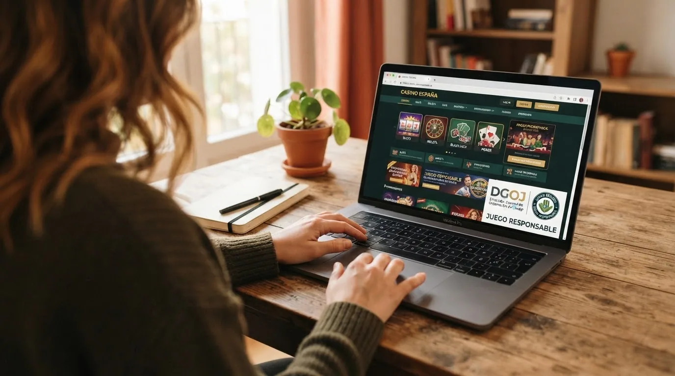 Pantalla de inicio de un casino online con el sello de la DGOJ visible y el dominio .es en la barra de direcciones