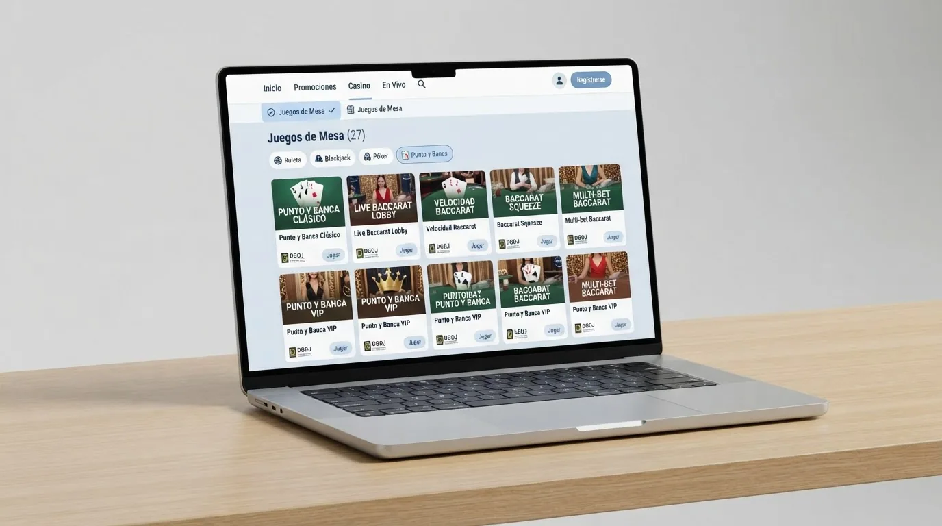 Interfaz del lobby de un casino online español con dominio .es mostrando la sección de juegos de mesa y el filtro de baccarat