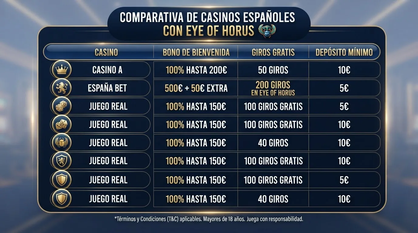 Tabla comparativa con los logotipos y datos principales de los 10 casinos españoles destacados para jugar a Eye of Horus