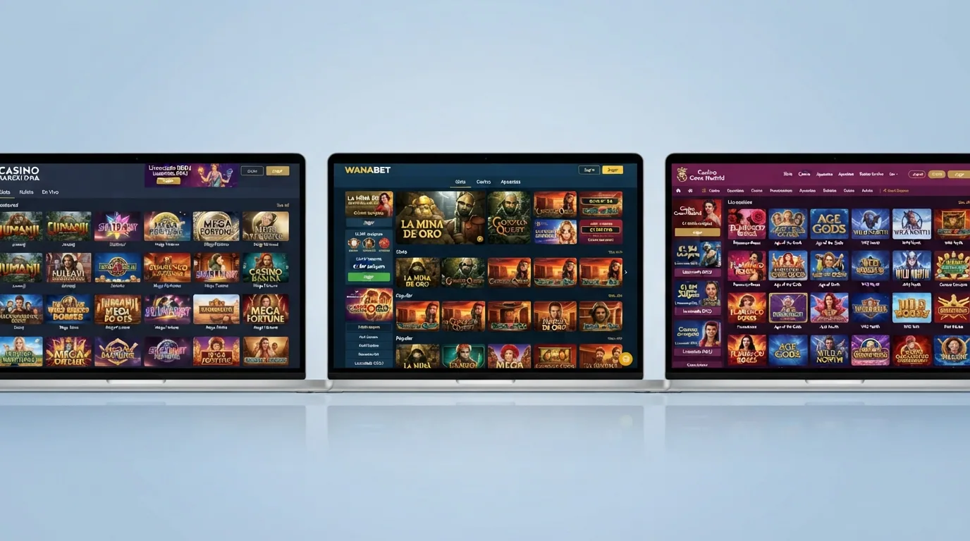 Captura de los sitios web de varios casinos con dominio .es mostrando sus catalogos de tragaperras en modo demo