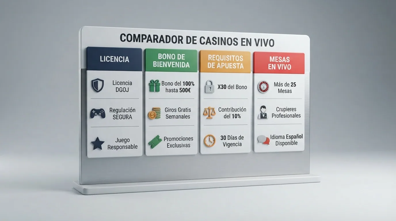 Logotipos de los 10 casinos de ruleta en vivo analizados alineados junto a iconos de licencia, bono y móvil