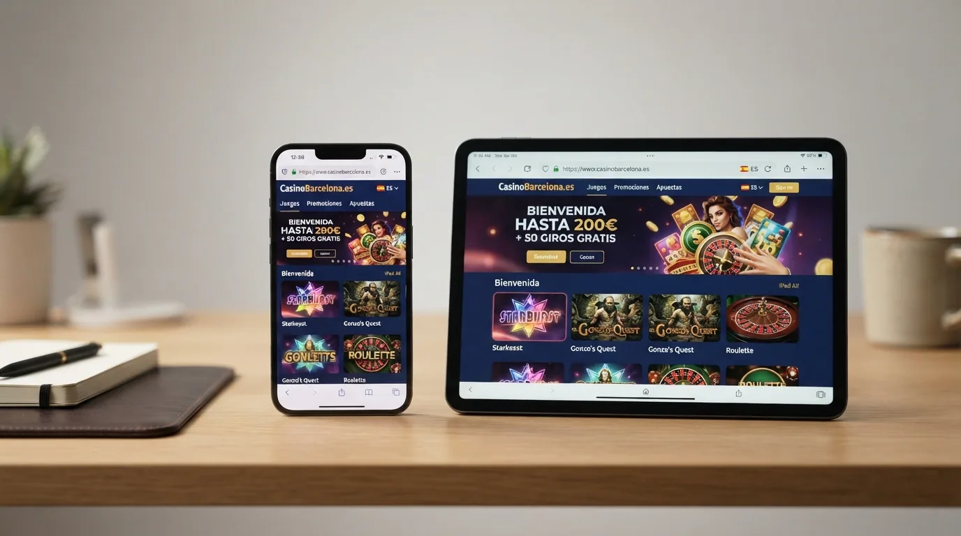 Móvil y tableta mostrando la página de inicio de un casino online español con el candado de seguridad del dominio .es visible en la barra del navegador