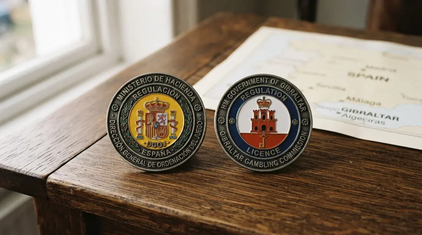 Dos escudos regulatorios frente a frente sobre un mapa de España y Gibraltar