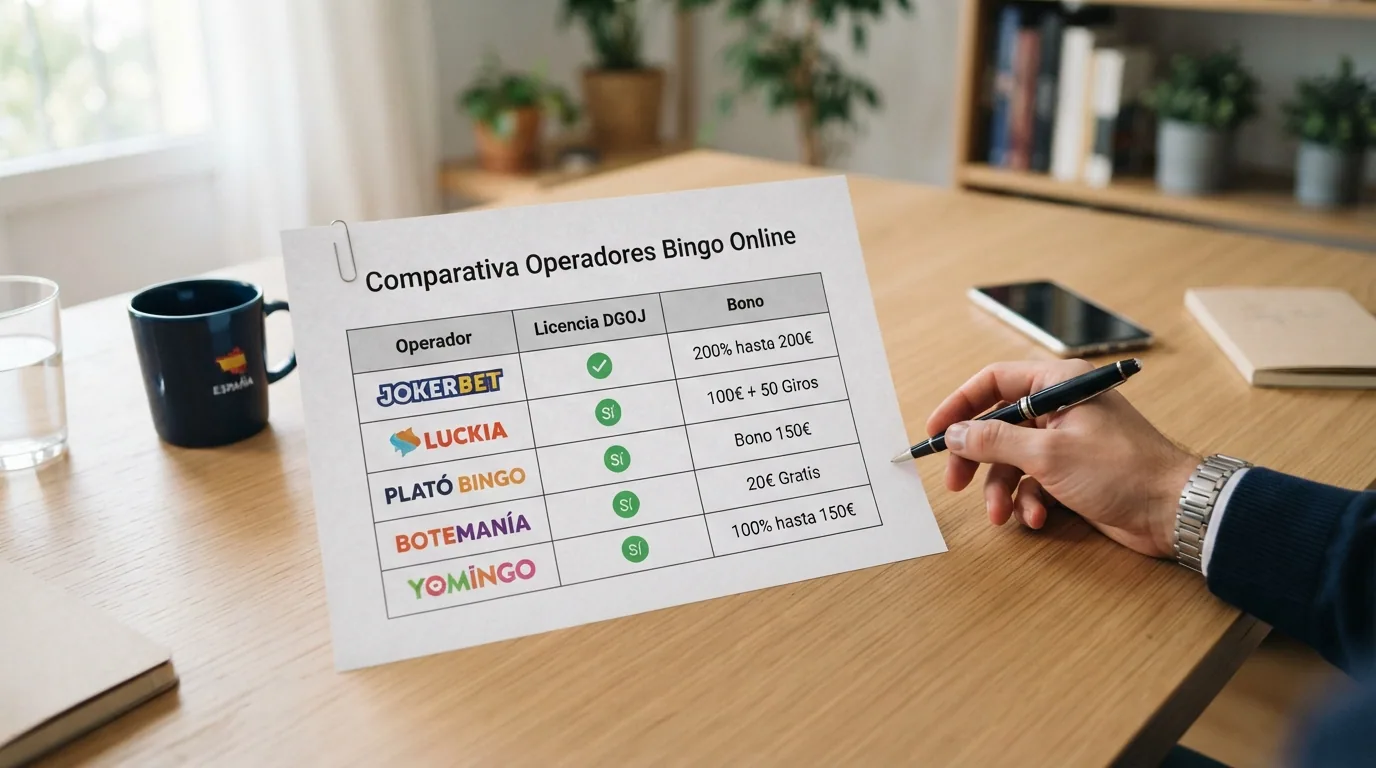 Fichas de operadores de bingo online con licencia DGOJ ordenadas en tabla comparativa con logotipos y datos clave
