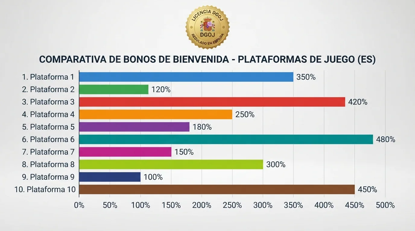 Gráfico de barras o tabla visual con los diez operadores comparados y dos columnas: porcentaje de bono y presencia de oferta sin depósito