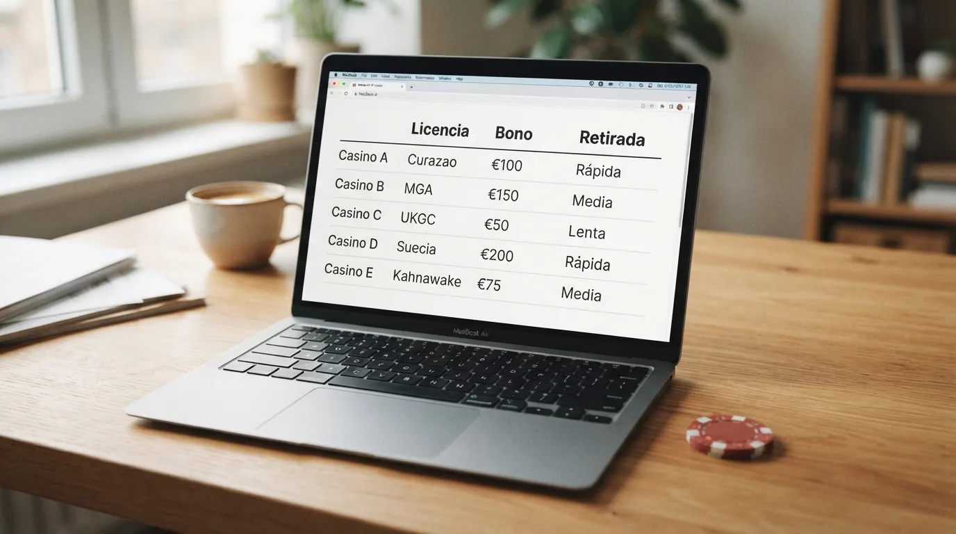 Tabla comparativa con los datos clave de los casinos sin licencia analizados: licencia, bono, giros y wagering